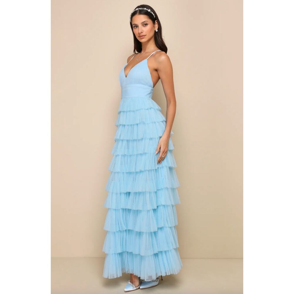 Lulus Radiant Event Light Blue Mesh Tiered Pleated Backless Maxi Dress Large NWT - Picture 2 of 11